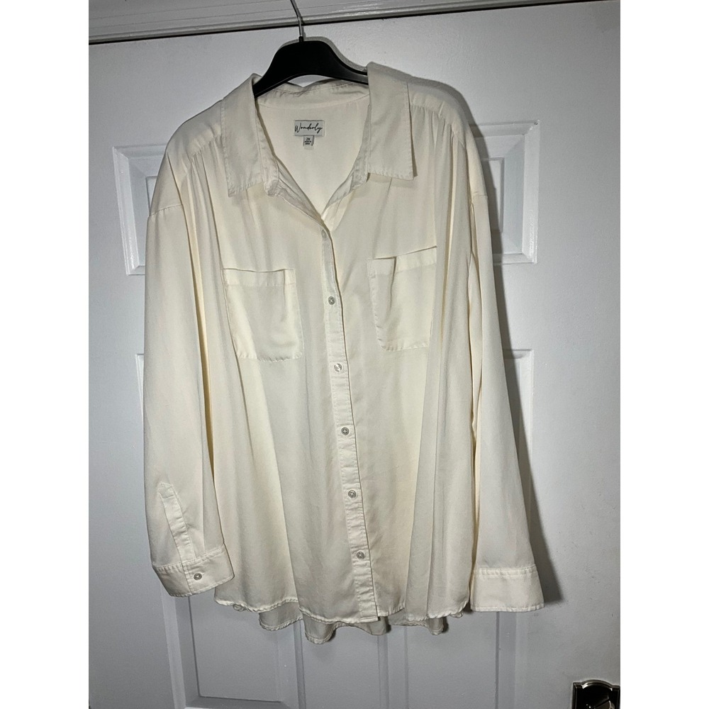 Wonderly Womens 2X Ivory White Lyocell Button Down Long Sleeve Pocket Shirt Top